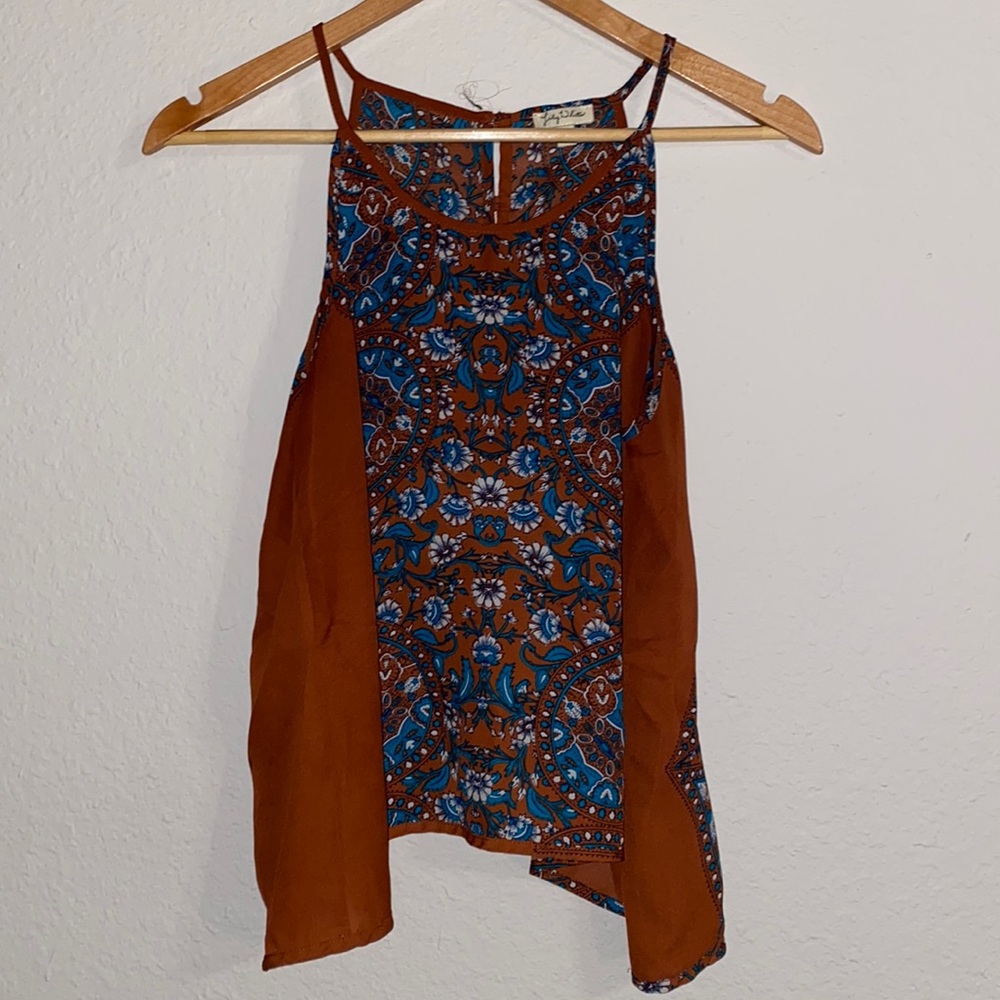 Patterned halter style top with button up open back